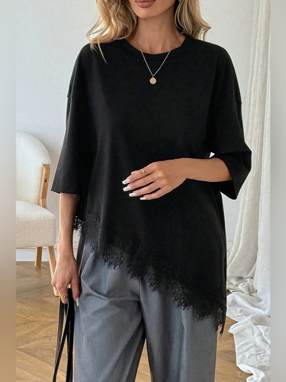 Lace Asymmetrical Hem Round Neck T-Shirt - Picture 3 of 6